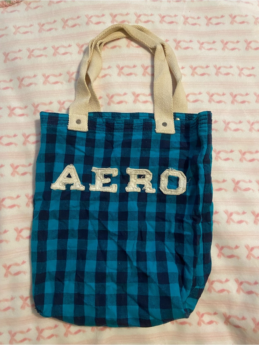 Aeropostale Blue Plaid Tote with Cream Handles